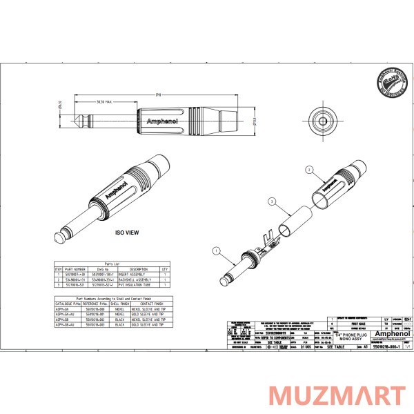 Amphenol ACPM-GN Кабельный разъем phone Jack 1/4