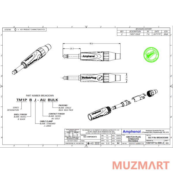 Amphenol TM1P Кабельный разъем Jack 1/4
