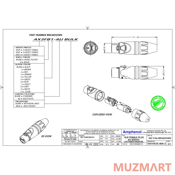 Amphenol AX3F Разъем XLR кабельный мама