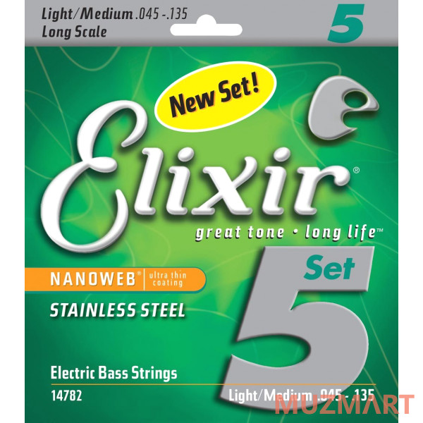 Elixir 14782 NanoWeb Струны для 5-струнной бас-гитары Medium 45-135