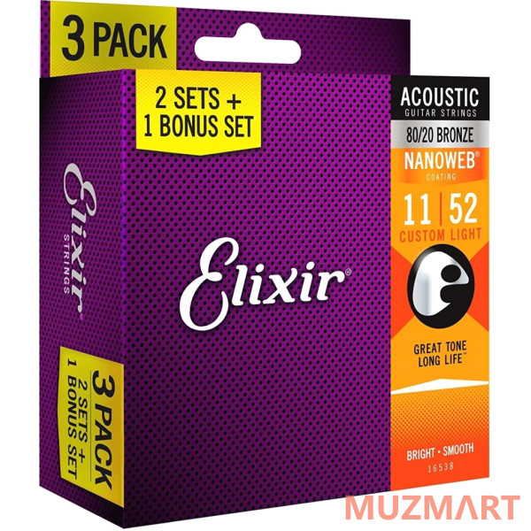 Elixir 16538 80/20 BRONZE NANOWEB CUSTOM LIGHT 3-PACK Струны для акустической гитары
