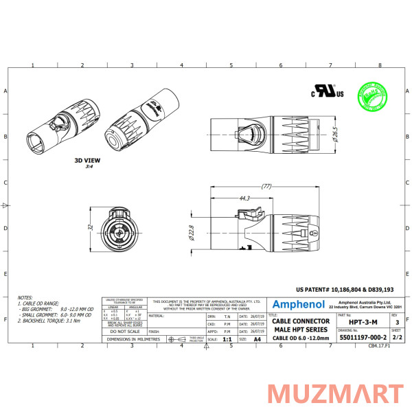 Amphenol HPT-3-M Кабельный разъем питания