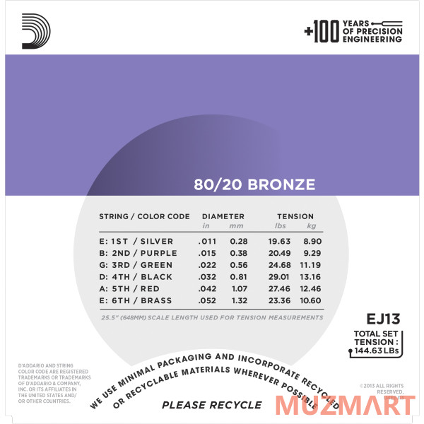D'Addario EJ13-3D Bronze 80/20 Струны для акустической гитары
