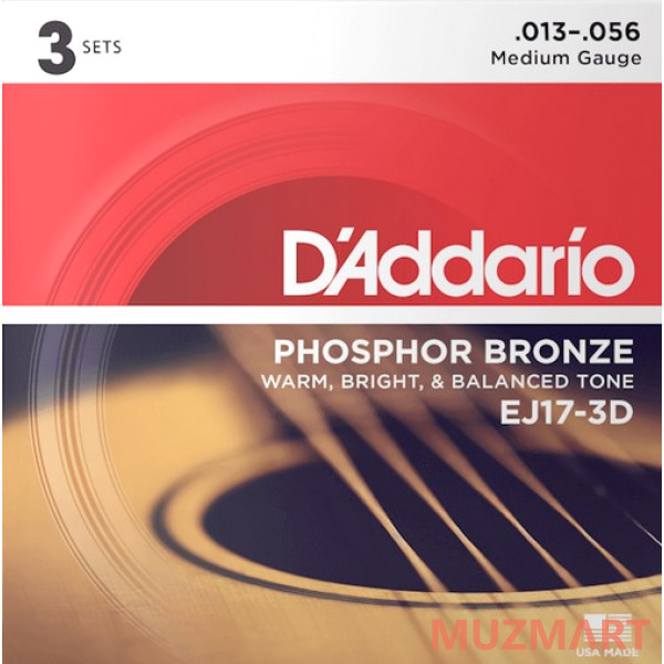 D'Addario EJ17-3D Phosphor Bronze Струны для акустической гитары фосфорная бронза, 3 комплекта, 13-56