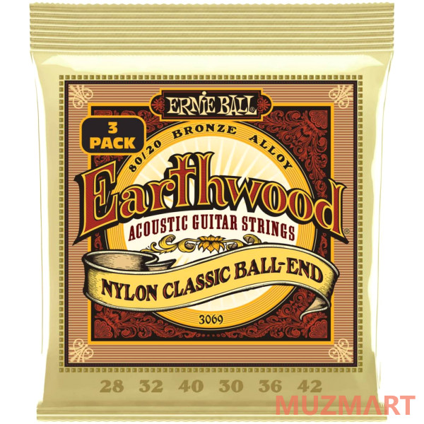 Ernie Ball 3069 Earthwood 80/20 Folk Nylon 3 Pack 28-42 Струны для классической гитары, 3 комплекта