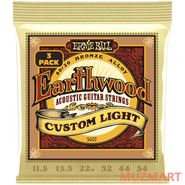 Ernie Ball 3007 Earthwood 80/20 Bronze Custom Light 3 Pack 11.5-54 Струны для акустической гитары