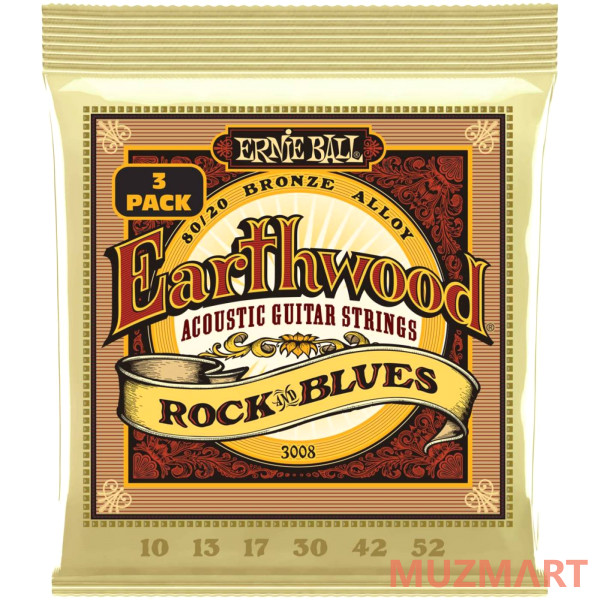 Ernie Ball 3008 Earthwood 80/20 Bronze Rock&Blues 3 Pack 10-52 Струны для акустической гитары