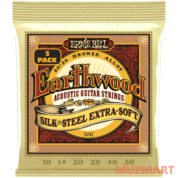 Ernie Ball 3047 Earthwood 80/20 Silk and Steel Extra Soft 3 Pack 10-50 Струны для акустической гитары, 3 комплекта