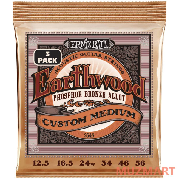 Ernie Ball 3543 Earthwood Phosphor Bronze Custom Medium 3 Pack 12.5-56 Струны для акустической гитары, 3 комплекта