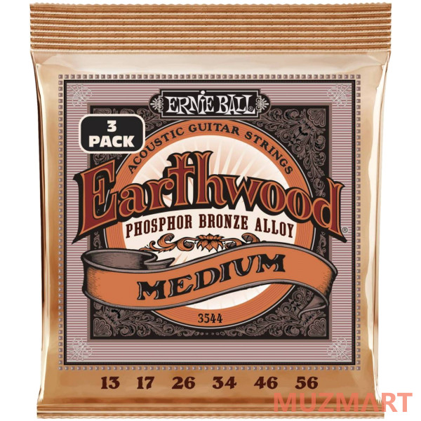 Ernie Ball 3544 Earthwood Phosphor Bronze Medium 3 Pack 13-56 Струны для акустической гитары, 3 комплекта