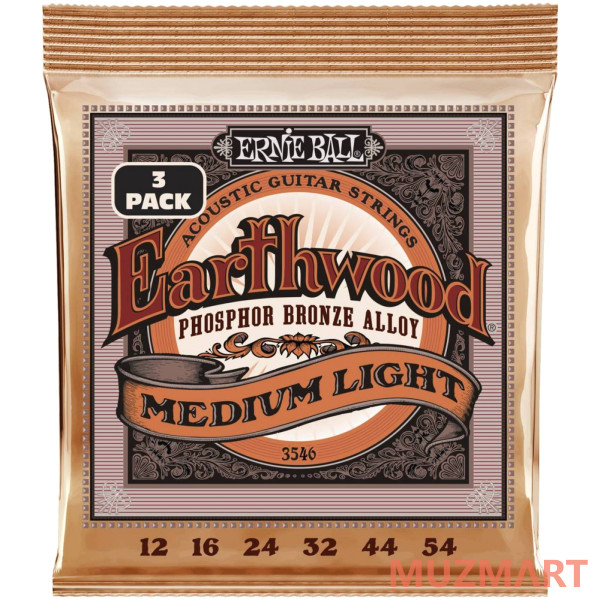 Ernie Ball 3546 Earthwood Phosphor Bronze Medium Light 3 Pack 12-54 Струны для акустической гитары, 3 комплекта