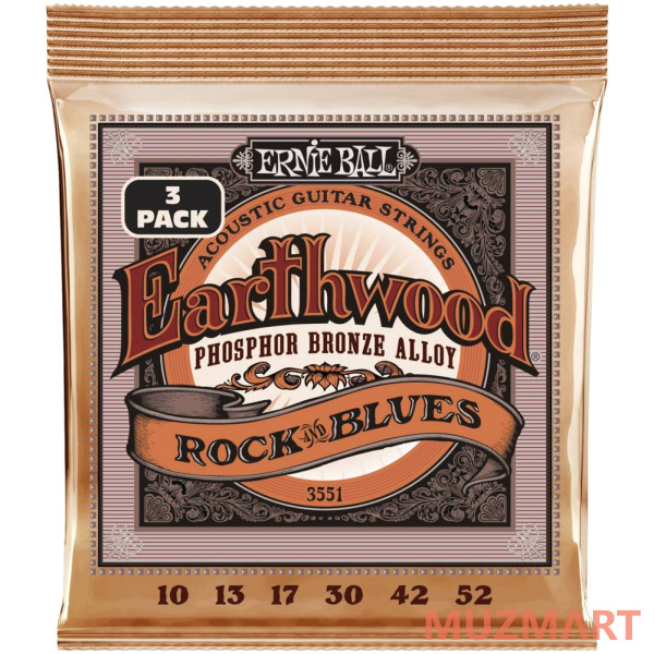 Ernie Ball 3551 Earthwood Phosphor Bronze RandB 3 Pack 10-52 Струны для акустической гитары, 3 комплекта