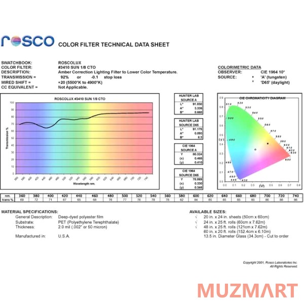 Rosco 3410 1/8 Cto Световой фильтр Roscosun