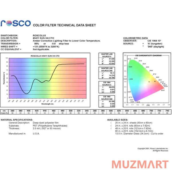 Rosco 3411 3/4 Cto Световой фильтр Roscosun