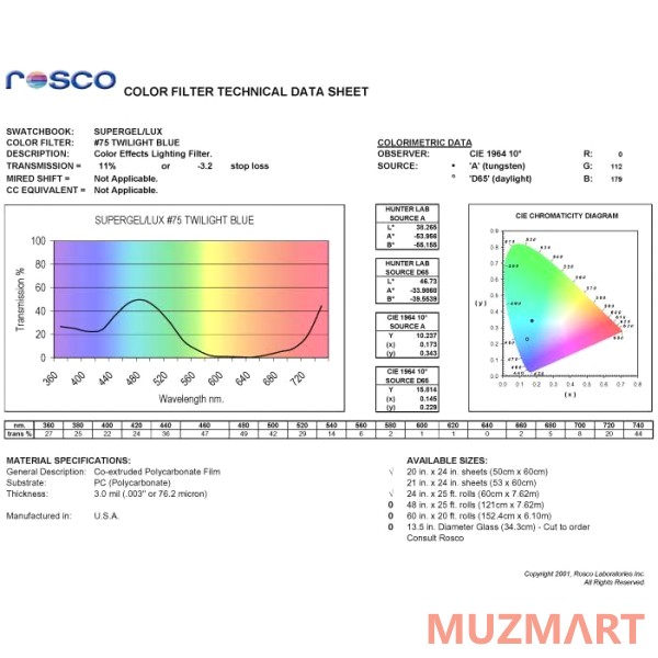 Rosco 75 Twilight Blue Светофильтр пленочный Supergel