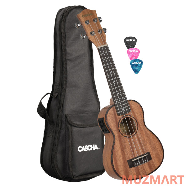 Cascha HH-2026E Mahogany Series Укулеле сопрано со звукоснимателем, с чехлом, цвет натуральный
