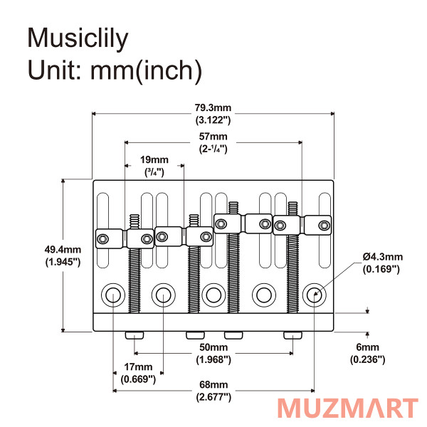 Musiclily MX0830CR Бридж для бас-гитары, хром