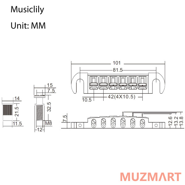 Musiclily MX1280NK Бридж Tune-o-matic Wraparound для Gibson Les Paul, никель