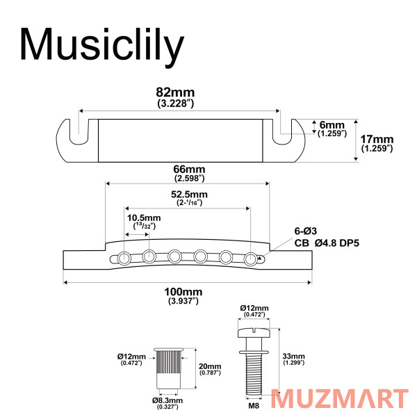 Musiclily MX2621NK Стоп-бар для электрогитары LP Style, никель