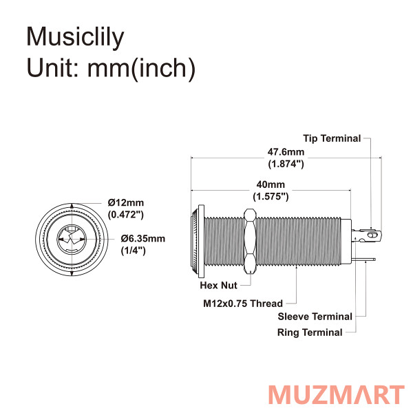 Musiclily MX2396BK Выходной разъем электрогитары, моно, черный
