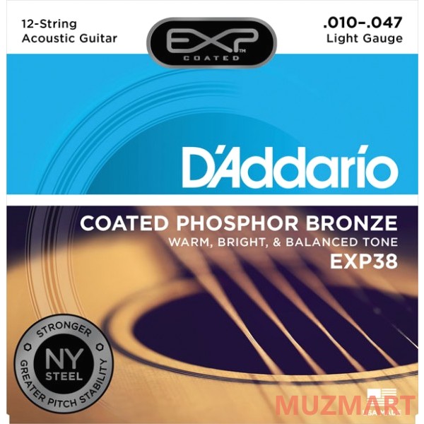 D'Addario EXP38 COATED PHOSPHOR BRONZE 12-STRING LIGHT 10-47 Струны для 12-струнной акустической гитары