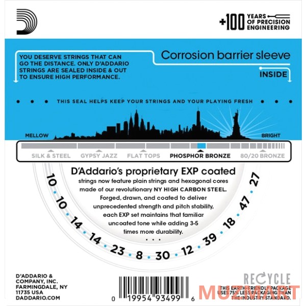 D'Addario EXP38 COATED PHOSPHOR BRONZE 12-STRING LIGHT 10-47 Струны для 12-струнной акустической гитары