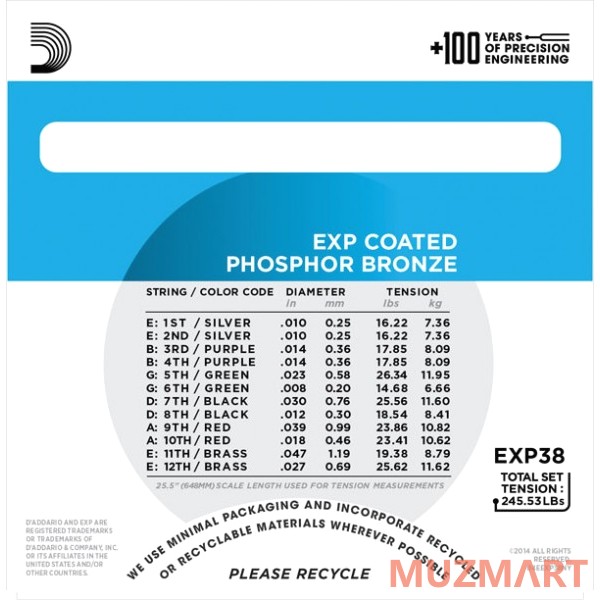 D'Addario EXP38 COATED PHOSPHOR BRONZE 12-STRING LIGHT 10-47 Струны для 12-струнной акустической гитары