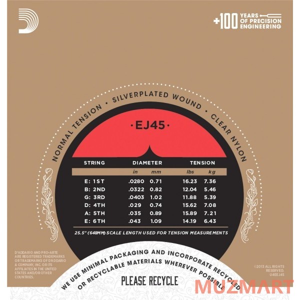 D'Addario EJ45 Normal Струны для классической гитары, серебряная обмотка