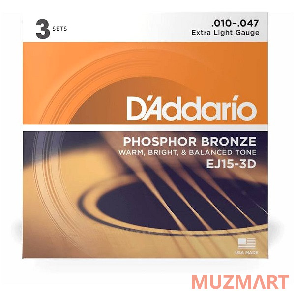 D'Addario EJ-15-3D Extra Light Струны для акустической гитары, 3 комплекта