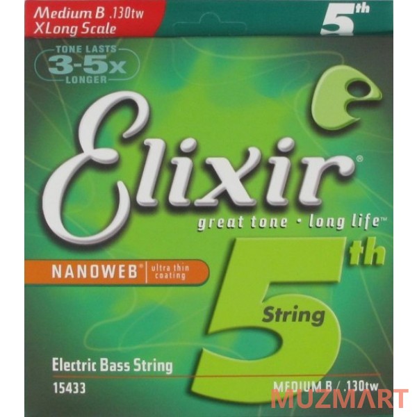 Elixir 15433 Nanoweb Extra Long Medium B Одиночная 5-я струна для бас гитары